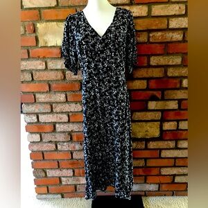 Old Navy Floral Midi Dress Puff Sleeve Size Large Black Floral